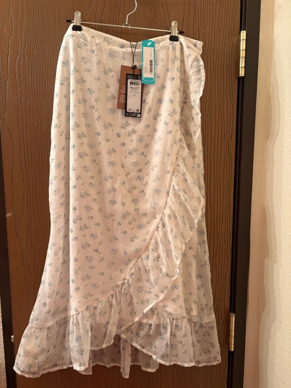 Vero Moda White Maxi Skirt with Light Blue Floral Print and Ruffle Trim